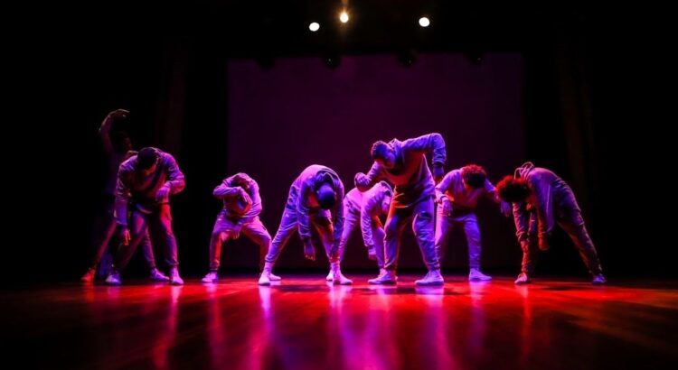 Dansers voeren synchroon een locking- of poppingchoreografie uit op een verlicht podium